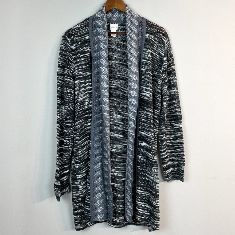 Chicos 2 Cardigan Sweater Women Large Gray Striped Open Knit Longline Wool Blend